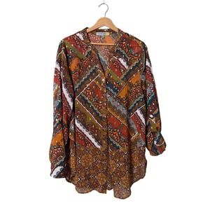 Figueroa & Flower Paisley Mixed Media button-down blouse gold accents Light XL